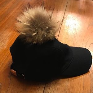 Kit and Ace Black Wool Cap with Real Asiatic Raccoon Fur Pom